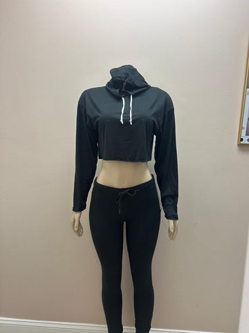 Black Tracksuit Women Crop Hoodie and Pants Set Active Casual Daily Activewear