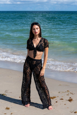 Women's Lace Two Piece set Tie Front Beach Top And Pants Swimwear Cover Up