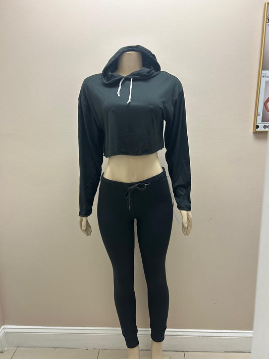 Black Tracksuit Women Crop Hoodie and Pants Set Active Casual Daily Activewear