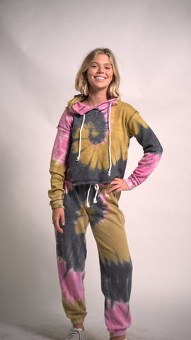 Pink and Mustard Tie Dye Hoodie Long Sleeve Top And Joggers set Cotton