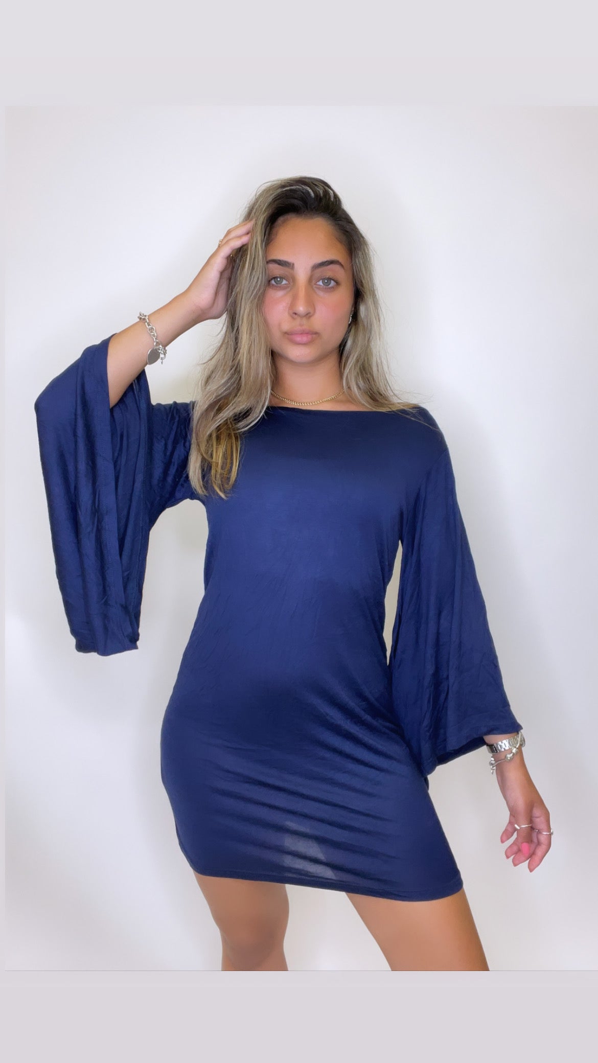 Navy Blue  Mini Dress Long Wing Sleeve Polyester