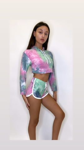 Women's Outfit Tie Dye Long Sleeve Hoodie and Shorts Two Piece Set