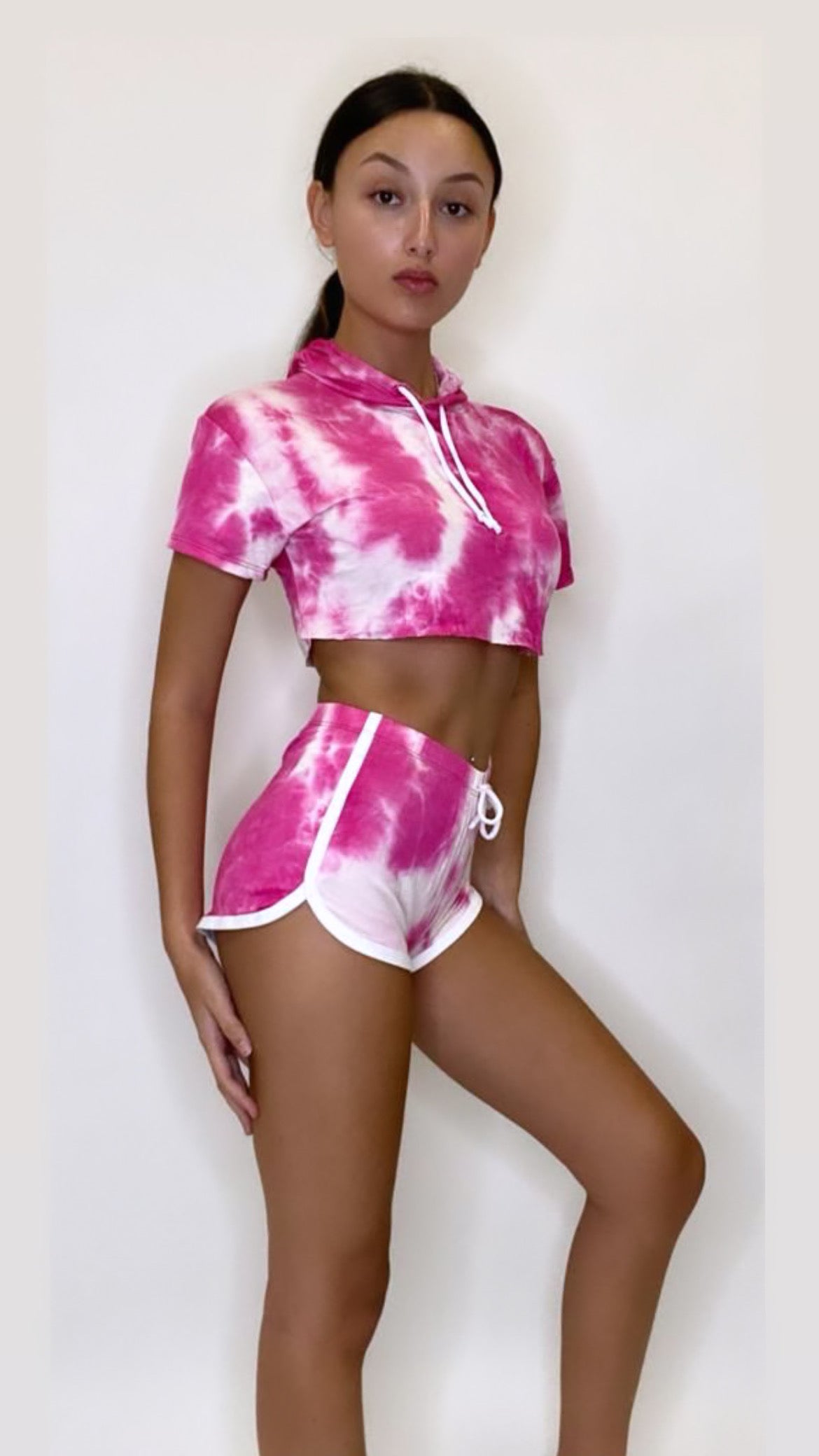 Women's Outfit Tie Dye Short Sleeve Hoodie and Shorts Two Piece Set