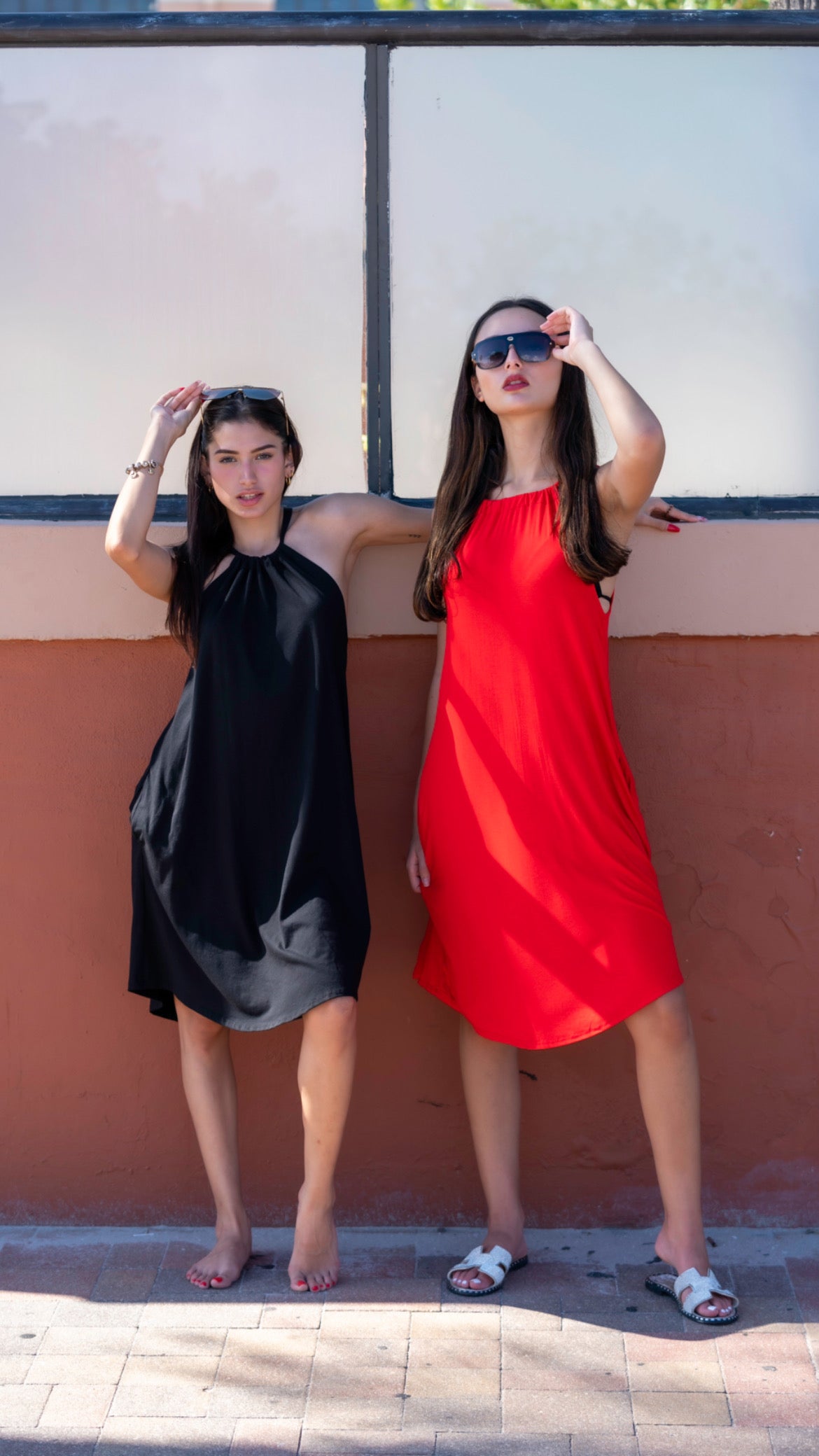 Black and Red Dress Sleeveless Sundress with Pockets Polyester