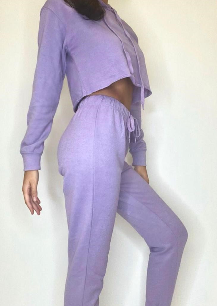 Purple Long Sleeve Hoodie Top And Joggers Set Cotton