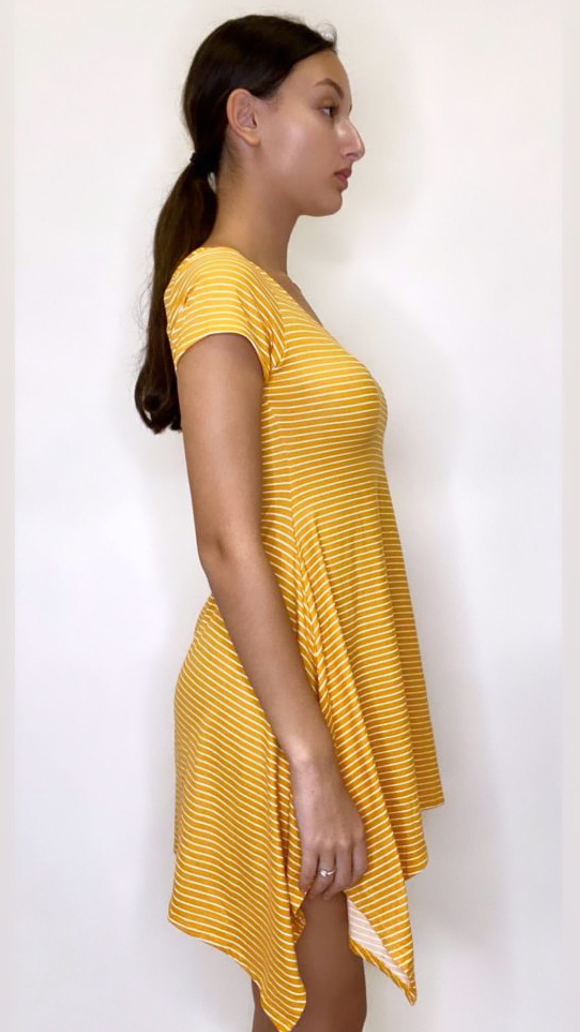 Yellow and White stripes handkerchief hem short sleeve dress Polyester