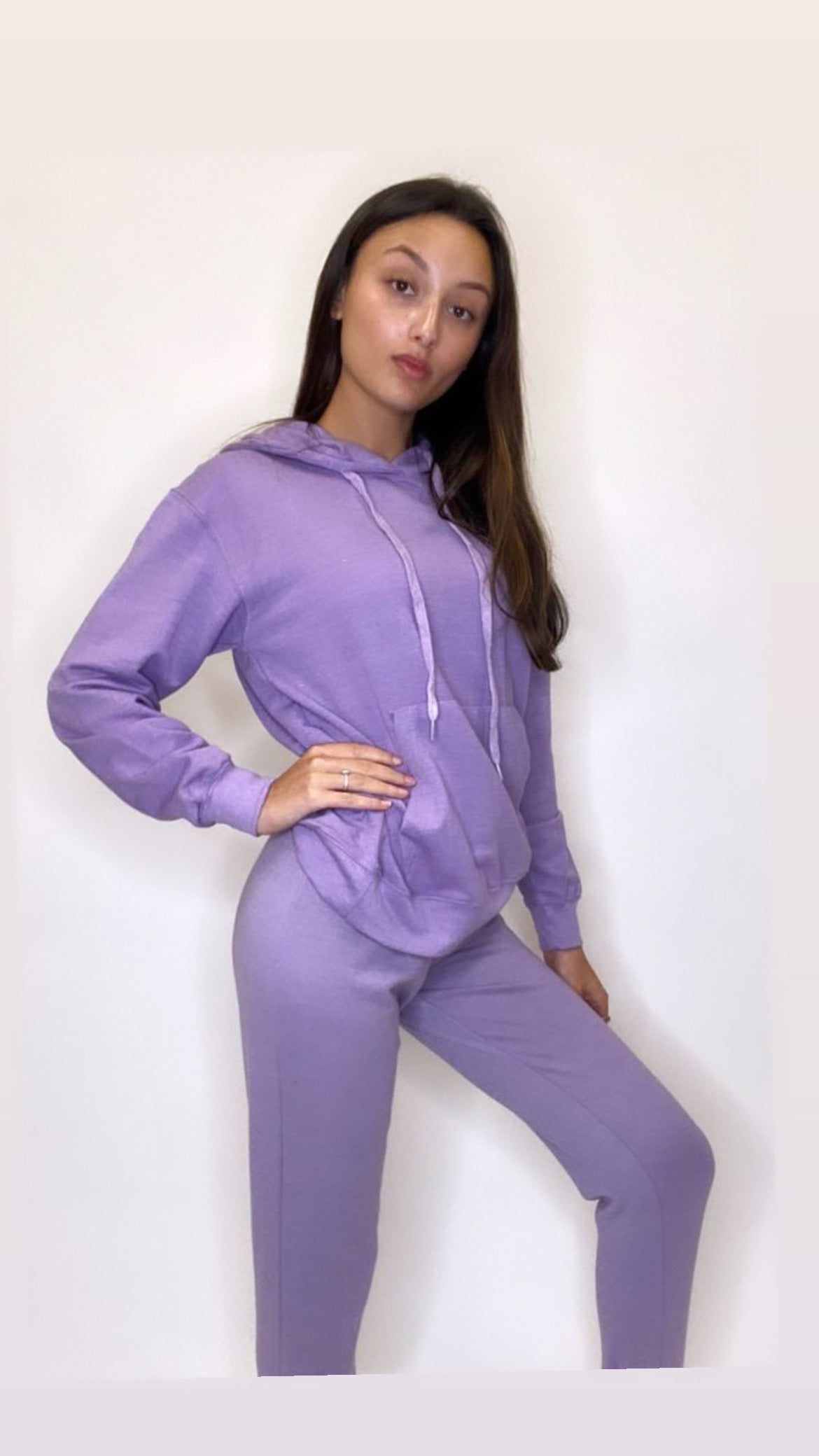 Purple Long Sleeve Hoodie kangaroo pocket And Joggers set Cotton