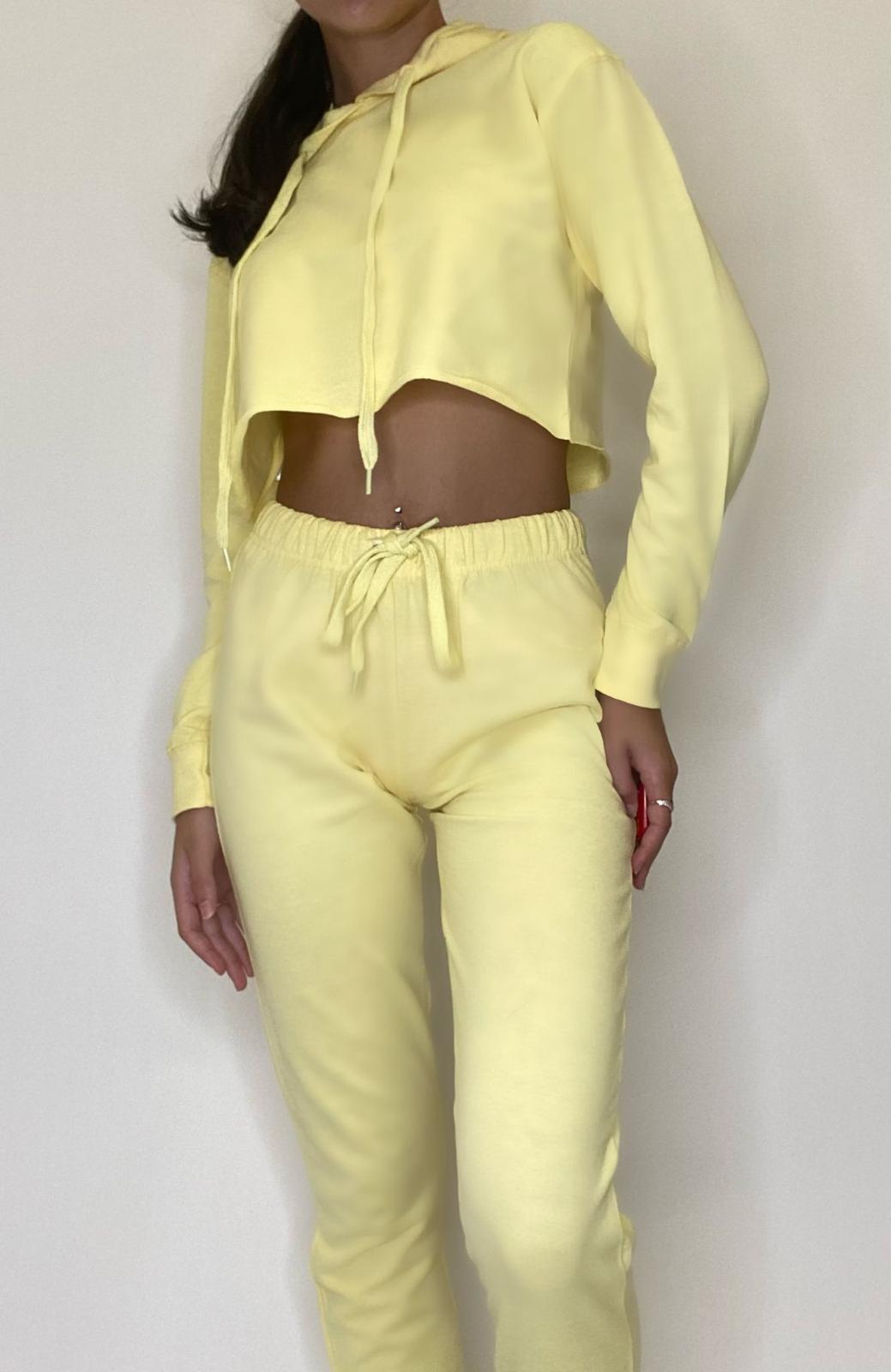 Yellow Long Sleeve Hoodie Top And Joggers Set Cotton