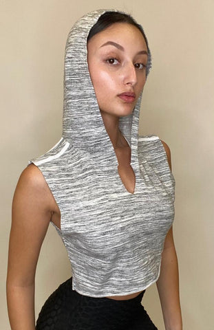 Women's Grey Sleeveless Crop Top Hoodie