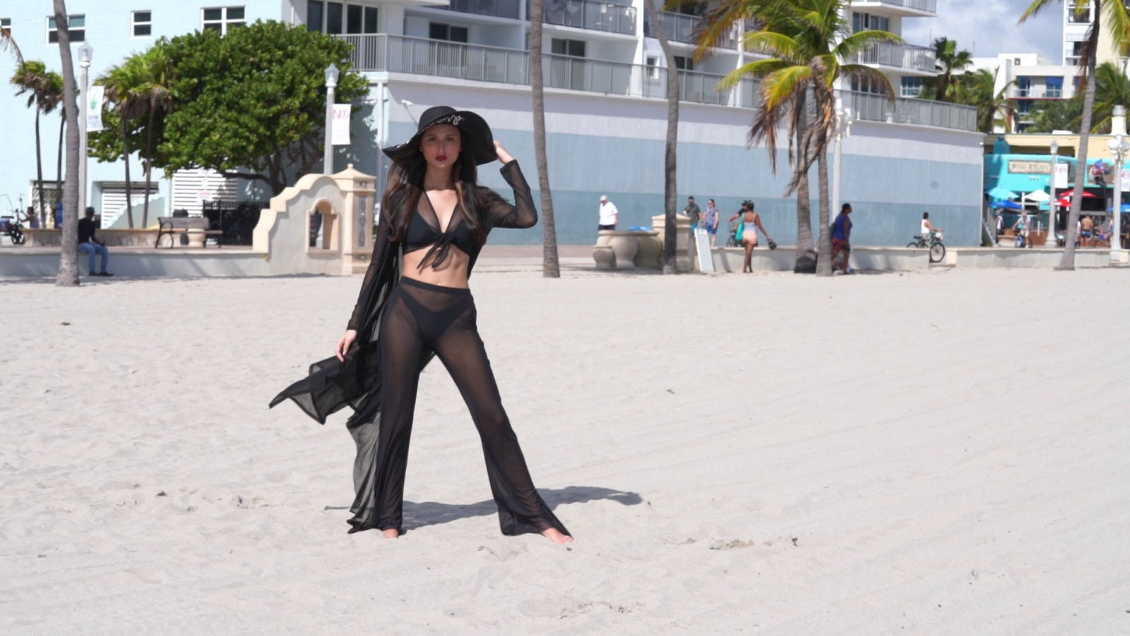 Black Mesh Beach Cover Up- Robe, Tie Top And Pants set Polyester