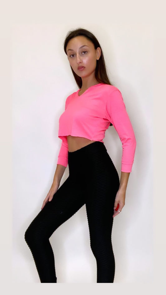 Neon Hot Pink Crop Top Long Sleeve Hoodie Polyester