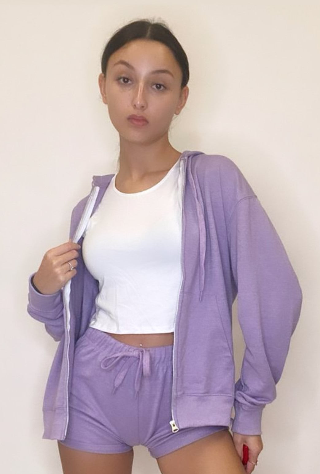 Purple Full Zip Jacket Hoodie Long Sleeves Top Cotton