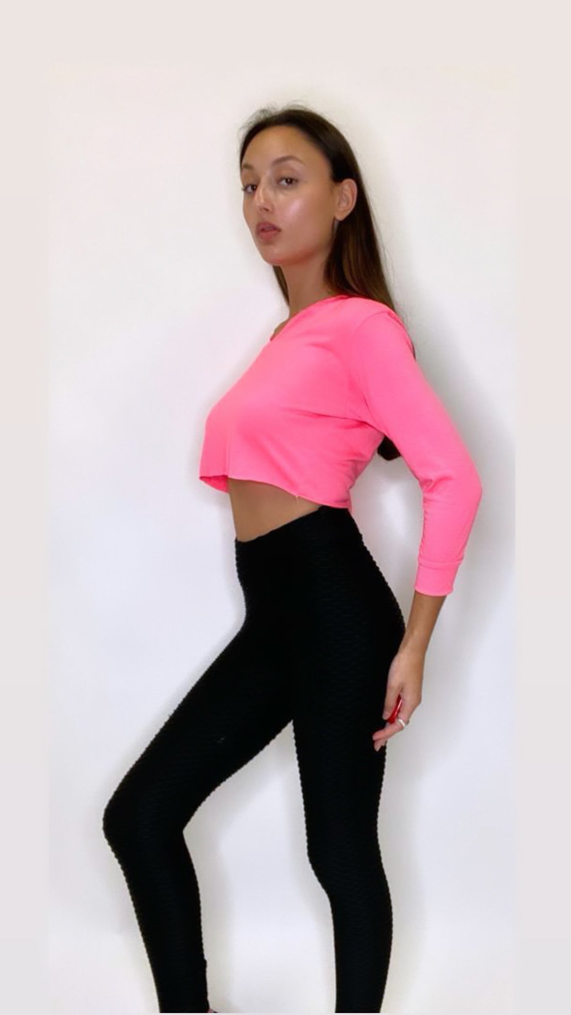 Neon Hot Pink Crop Top Long Sleeve Hoodie Polyester