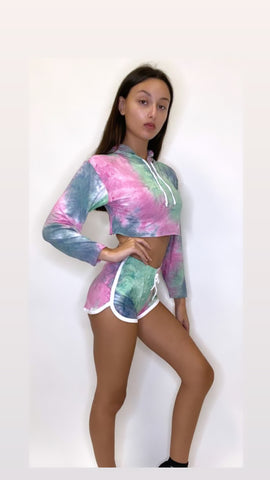 Women's Outfit Tie Dye Long Sleeve Hoodie and Shorts Two Piece Set