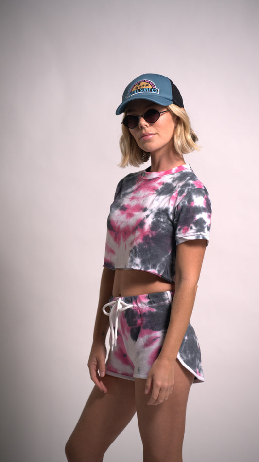 Women's Tie Dye Set Two Piece Outfits Summer Crop Top Two Piece Short Set Short Sleeve T Shirts