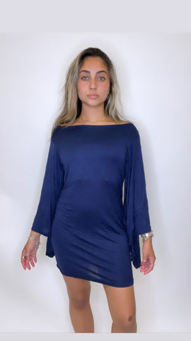 Navy Blue Mini Dress Long Wing Sleeve Polyester