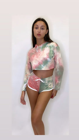 Women's Outfit Tie Dye Long Sleeve Hoodie and Shorts Two Piece Set