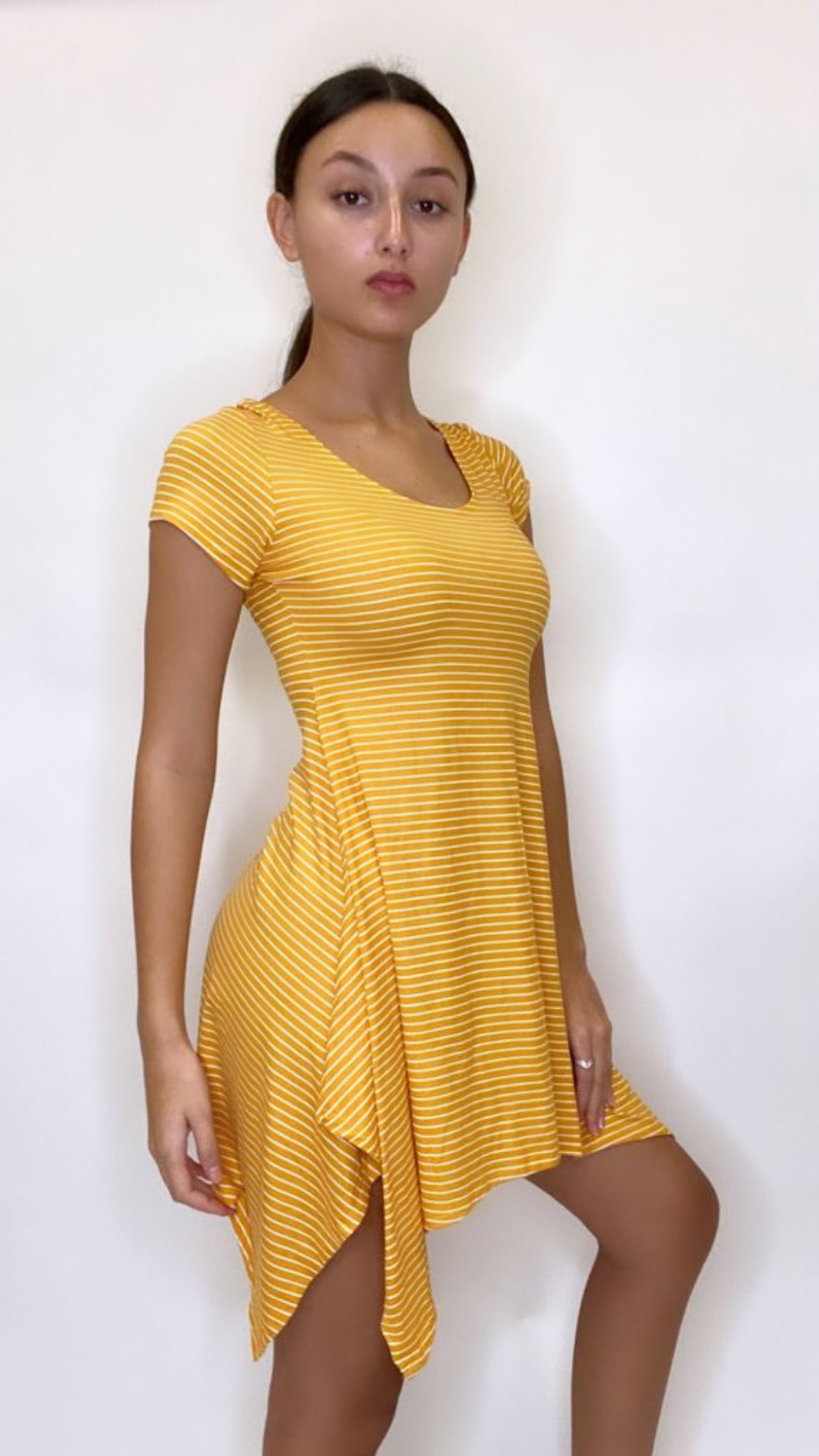 Yellow and White stripes handkerchief hem short sleeve dress Polyester