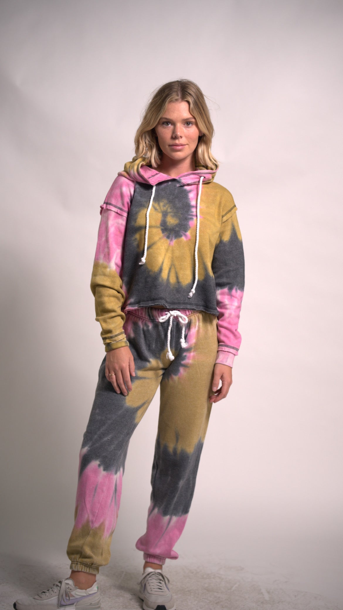 Pink and Mustard Tie Dye Hoodie Long Sleeve Top And Joggers set Cotton