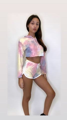 Women's Outfit Tie Dye Long Sleeve Hoodie and Shorts Two Piece Set