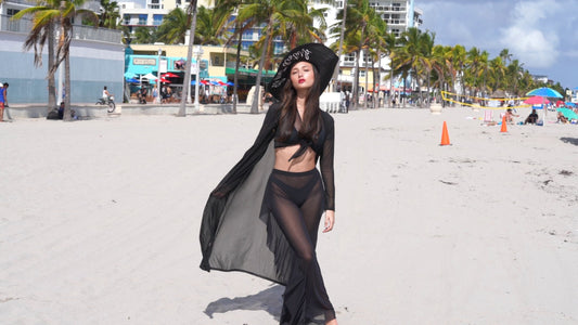 Black Mesh Beach Cover Up- Robe, Tie Top And Pants set