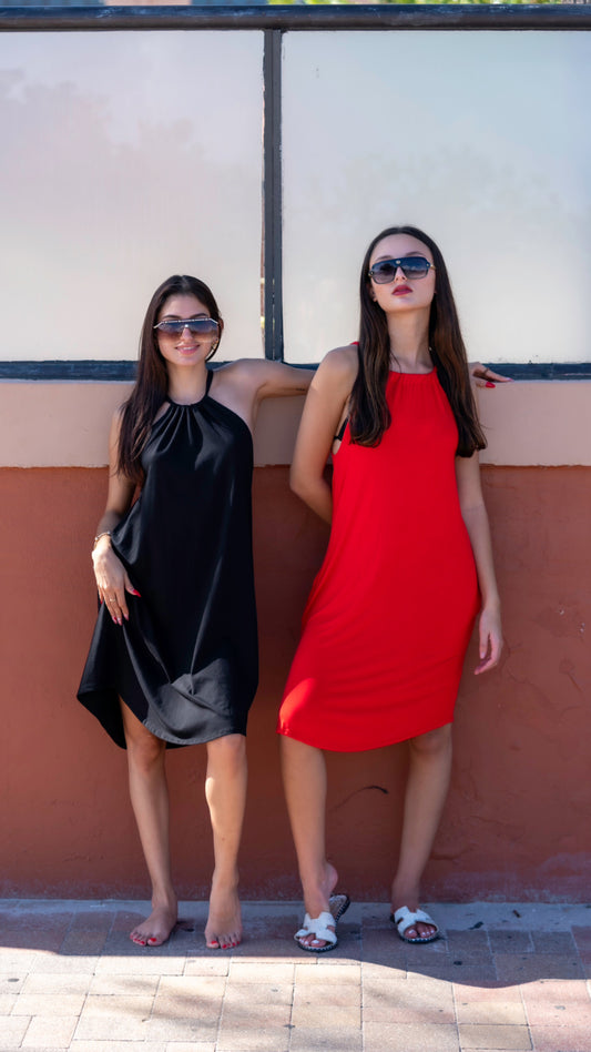 Black and Red Dress Sleeveless Sundress with Pockets Polyester