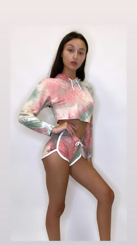 Women's Outfit Tie Dye Long Sleeve Hoodie and Shorts Two Piece Set