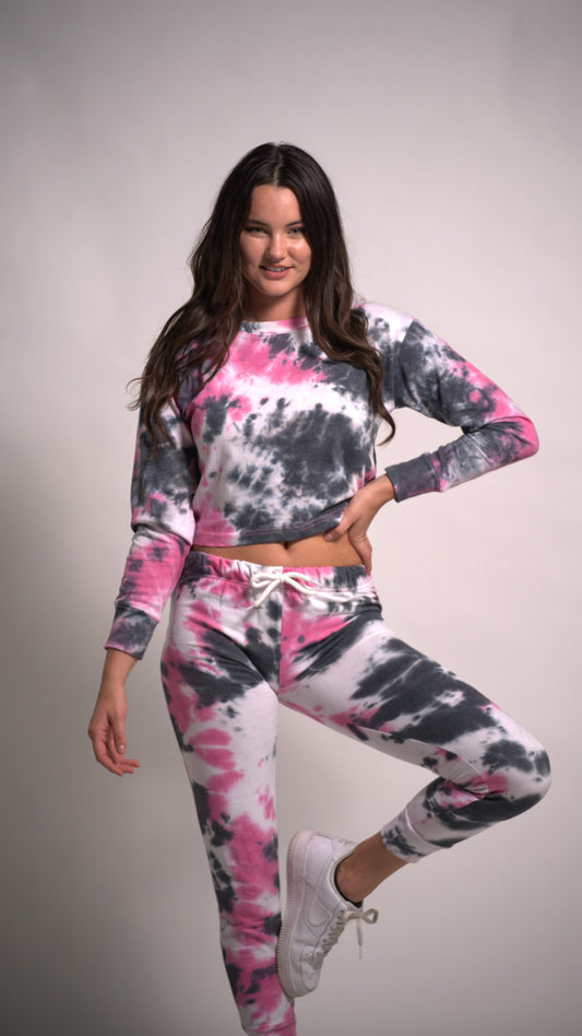 Pink and Grey Tie Dye Set long Sleeve Top and Joggers Cotton