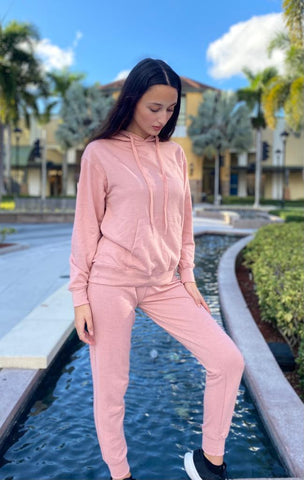 Rose Pink Long Sleeve Hoodie kangaroo pocket And Joggers set Cotton