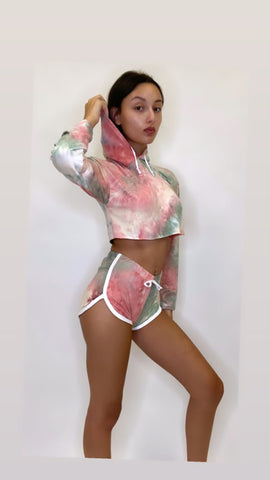 Women's Outfit Tie Dye Long Sleeve Hoodie and Shorts Two Piece Set