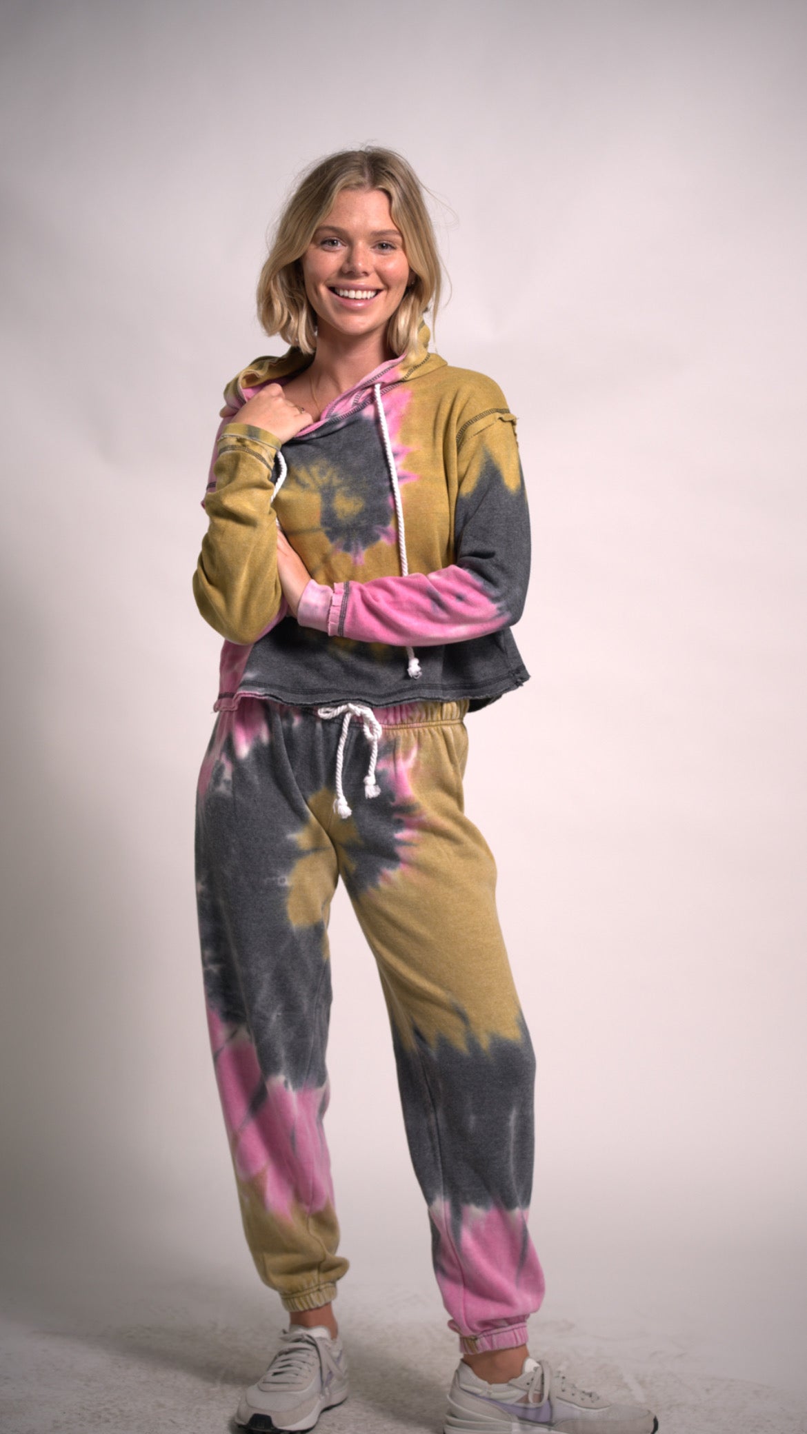 Pink and Mustard Tie Dye Hoodie Long Sleeve Top And Joggers set Cotton