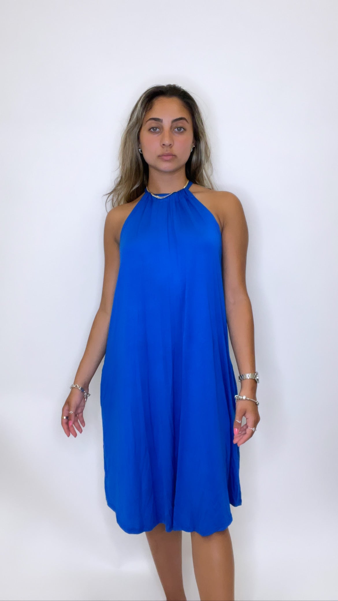 Blue Dress Sleeveless Sundress with Pockets Polyester