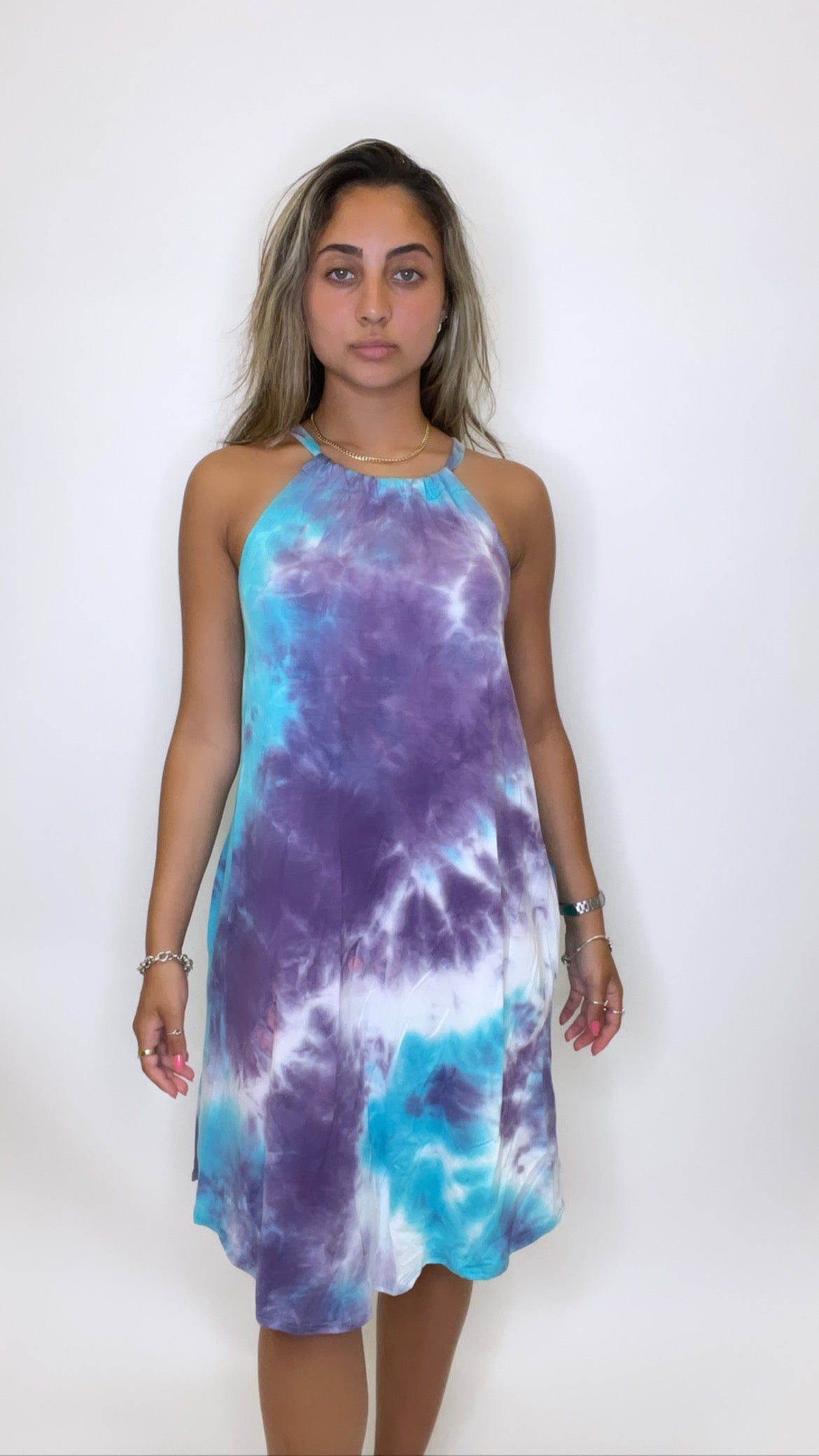 Purple and Light Blue tie dye Dress Sleeveless Sundress with Pockets Polyester