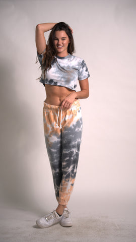 Women's Tie-Dye Two Piece Outfit Crop Top and Joggers Set Short Sleeve T Shirts