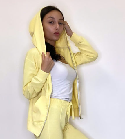 Yellow Full Zip Jacket Hoodie Long Sleeves Top Cotton