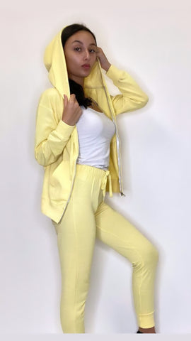 Yellow Hoodie Long Sleeve Jacket zipper and Joggers Two Piece Set