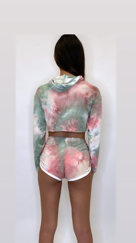 Women's Outfit Tie Dye Long Sleeve Hoodie and Shorts Two Piece Set