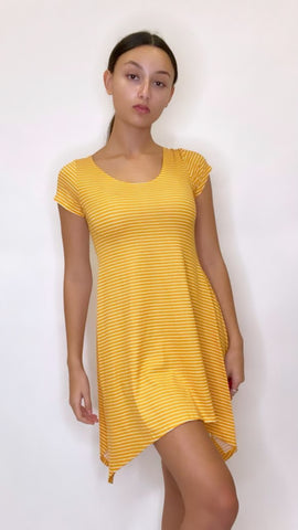 Yellow and White stripes handkerchief hem short sleeve dress Polyester