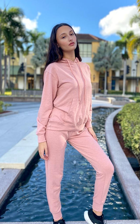 Rose Pink Long Sleeve Hoodie kangaroo pocket  And Joggers set Cotton