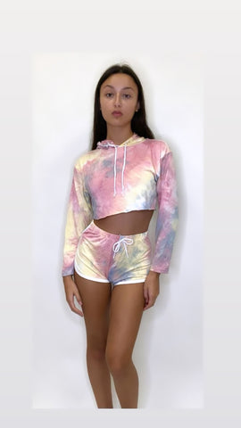 Women's Outfit Tie Dye Long Sleeve Hoodie and Shorts Two Piece Set