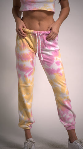 Pink and Light Yellow Tie Dye Joggers with drawstring Cotton