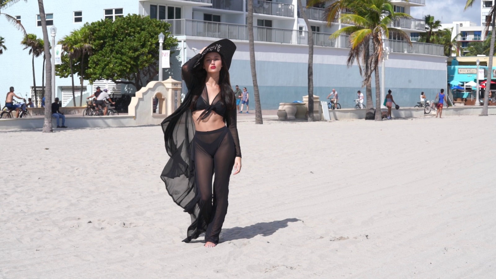 Black Mesh Beach Cover Up- Robe, Tie Top And Pants set