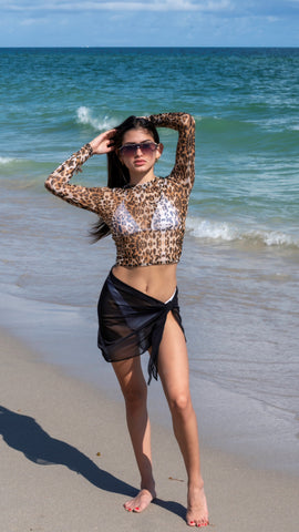 Cheetah Mesh Long Sleeve Top Cover Up Polyester