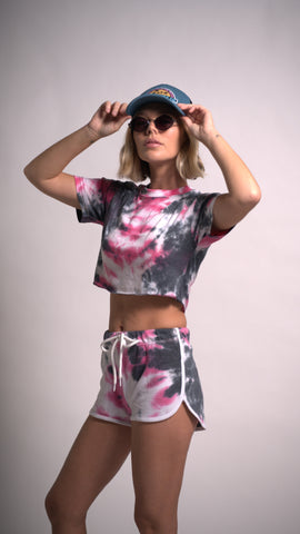 Women's Tie Dye Set Two Piece Outfits Summer Crop Top Two Piece Short Set Short Sleeve T Shirts