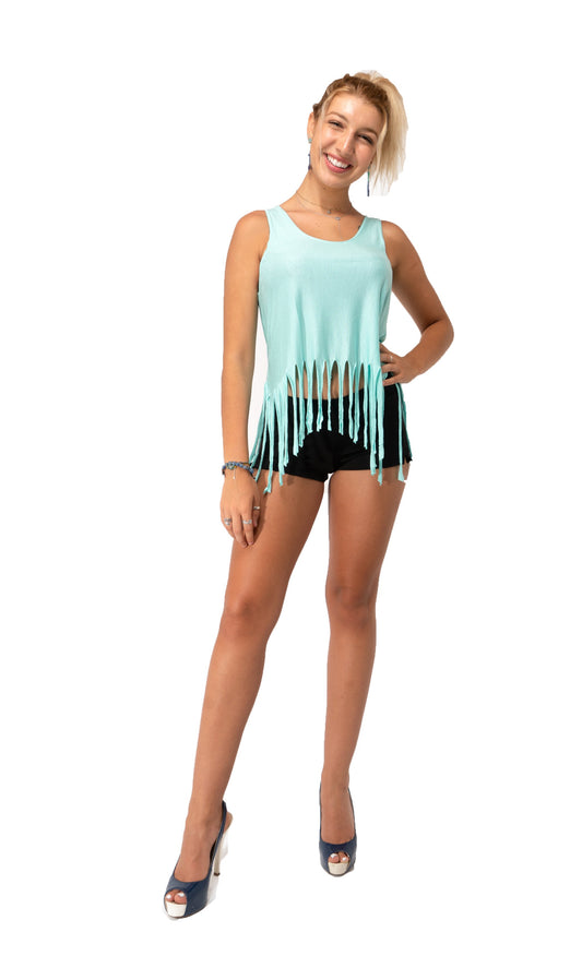 Mint Crop Tank Top Sleeveless with fringed bottom Polyester