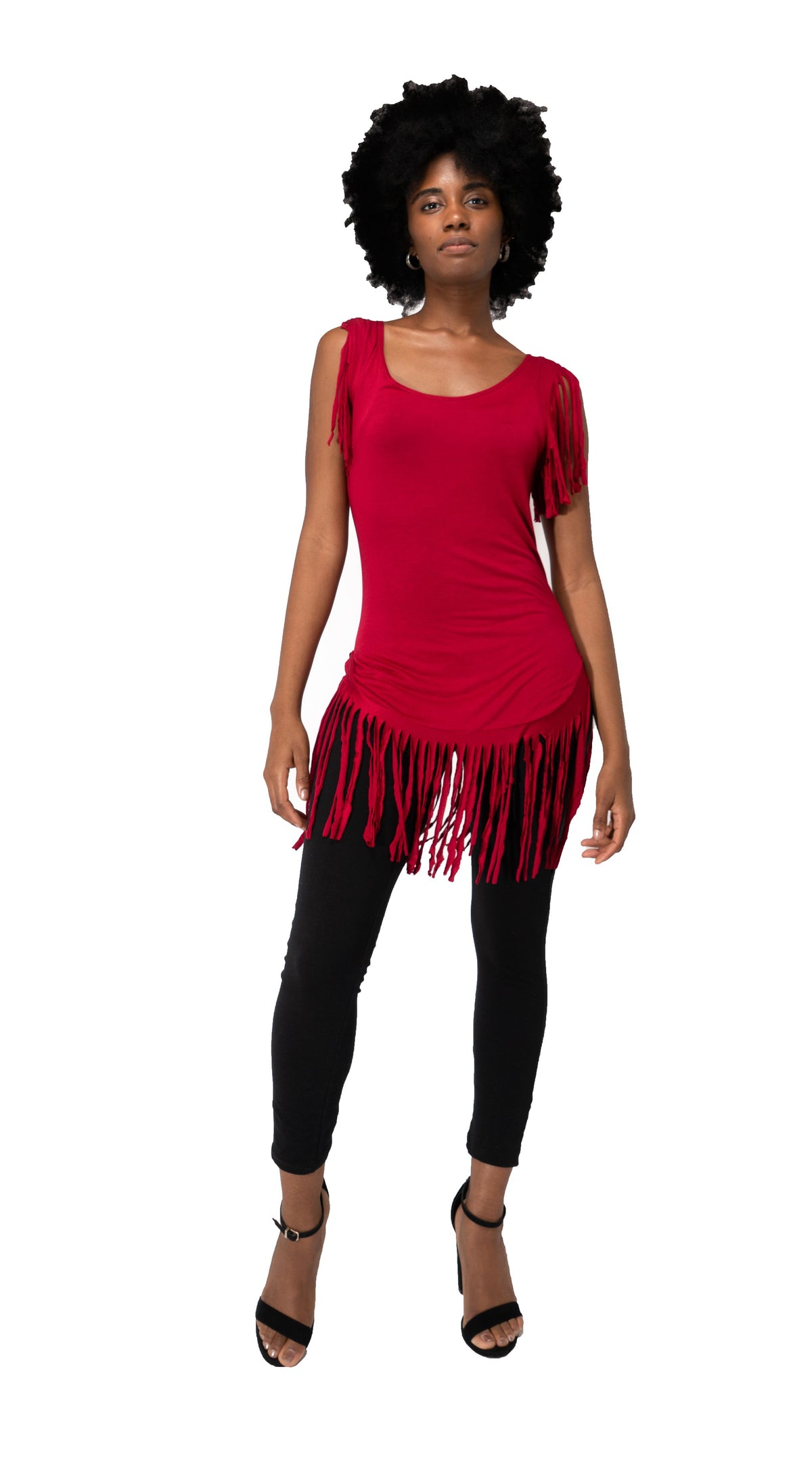 Red tunic top fringe sleeveless Polyester