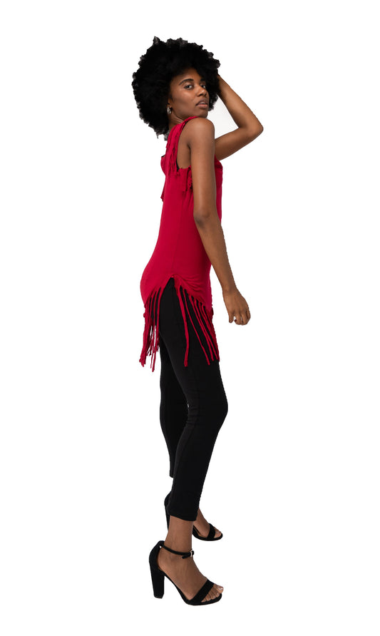 Red tunic top fringe sleeveless Polyester