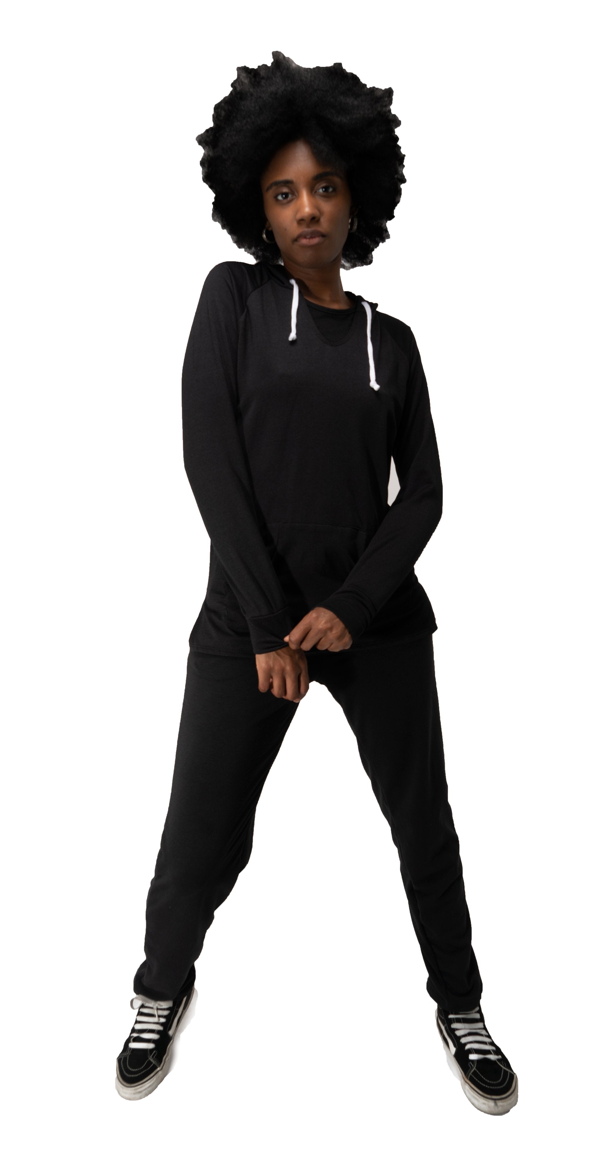 Black Hoodie Long sleeve With White Drawstring Polyester