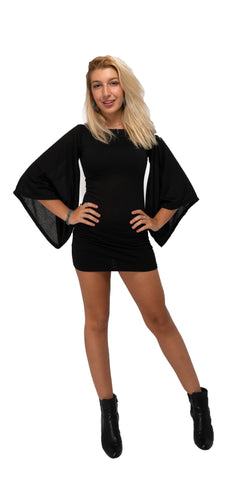 Black Mini Dress Long Wing Sleeve Polyester