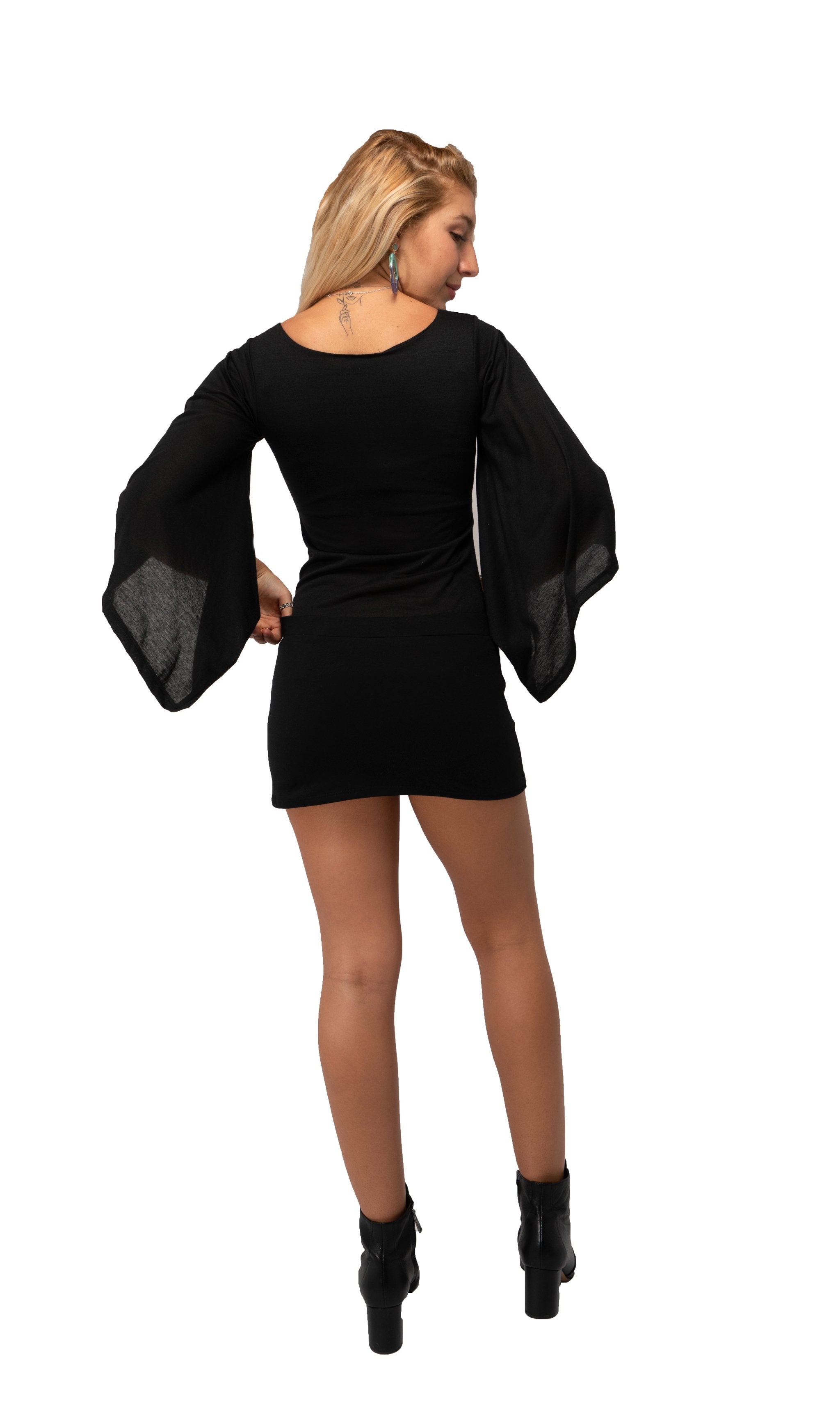 Black Mini Dress Long Wing Sleeve Polyester